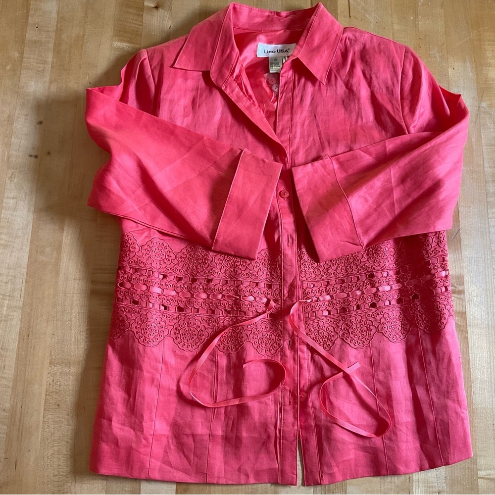 Lino USA Linen Skirt Set NWT Coral Embroidered Resort Set Coastal Midi 2-piece - Picture 15 of 16